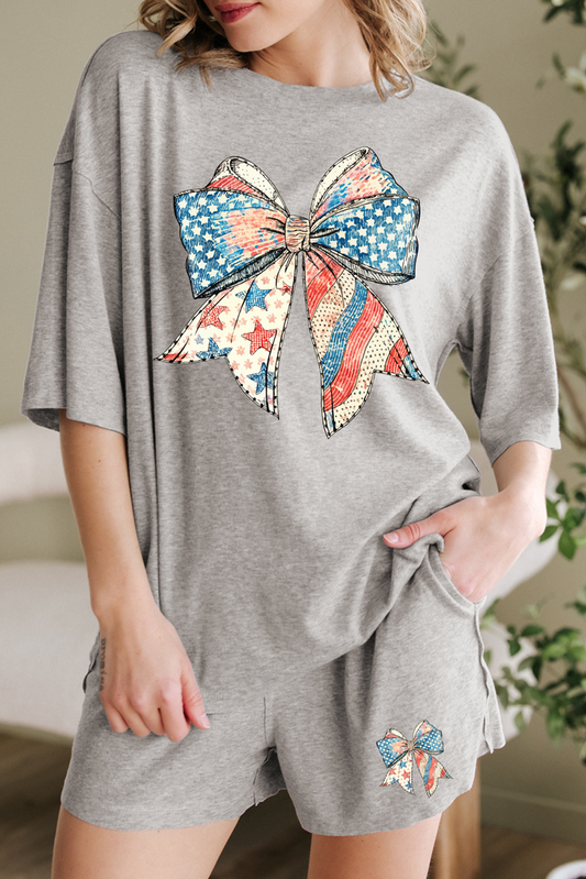 Gray USA Flag Bow Print Half Sleeve Tee and High Waist Shorts Set Gray 75%Polyester+20%Viscose+5%Elastane Graphic Sets JT's Designer Fashion