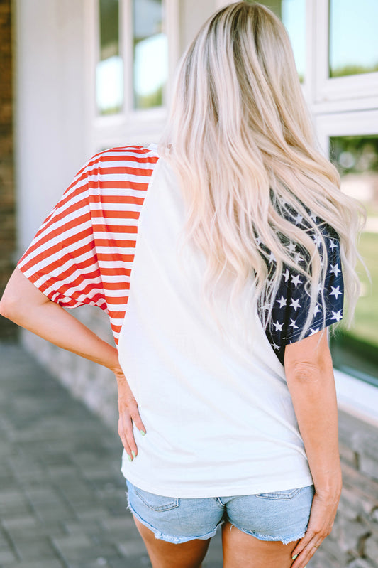 White USA Flag Sequin Patchwork Color Bock T Shirt Graphic Tees JT's Designer Fashion