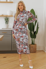 Brown Floral Allover Print Mock Neck Bodycon Long Sleeve Midi Dress Floral Dresses JT's Designer Fashion