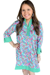 Green Abstract Print Split Neck Bracelet Sleeve Shift Dress Mini Dresses JT's Designer Fashion