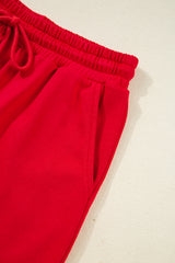 Fiery Red Varsity Striped Sleeve Drop Shoulder Sweatshirt and Short Set Short Sets JT's Designer Fashion