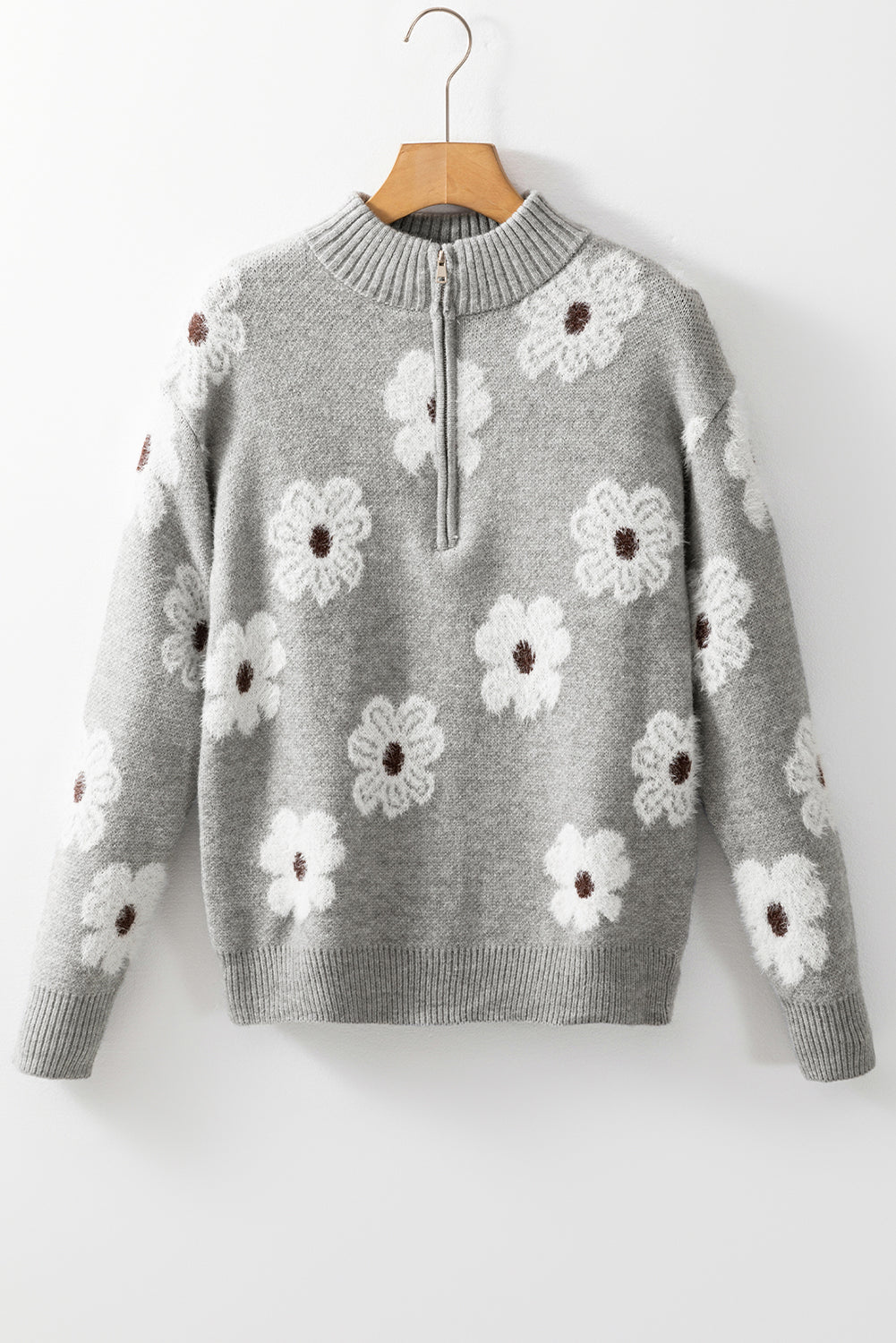 Gray Floral Pattern Half Zip Drop Shoulder Sweater Sweaters JT's Designer Fashion