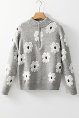 Gray Floral Pattern Half Zip Drop Shoulder Sweater Sweaters JT's Designer Fashion