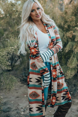 Multicolor Geometric Color Block Open Front Long Cardigan Sweaters & Cardigans JT's Designer Fashion