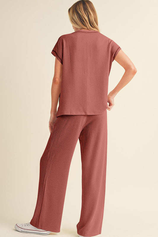 Mineral Red Solid Color Corded Short Sleeve Top and Casual Pants Set Pant Sets JT's Designer Fashion