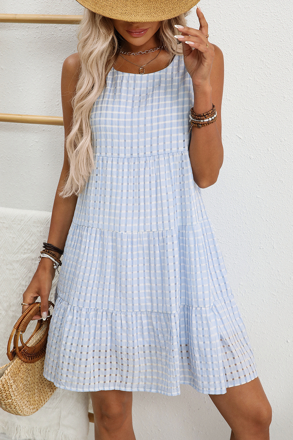Light Blue Plaid Tiered A-line Sleeveless Mini Sundress Mini Dresses JT's Designer Fashion