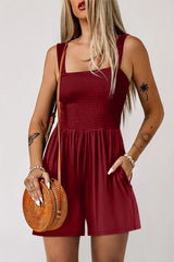 Burgundy Casual Pocketed Smocked Sleeveless Romper Jumpsuits & Rompers JT's Designer Fashion
