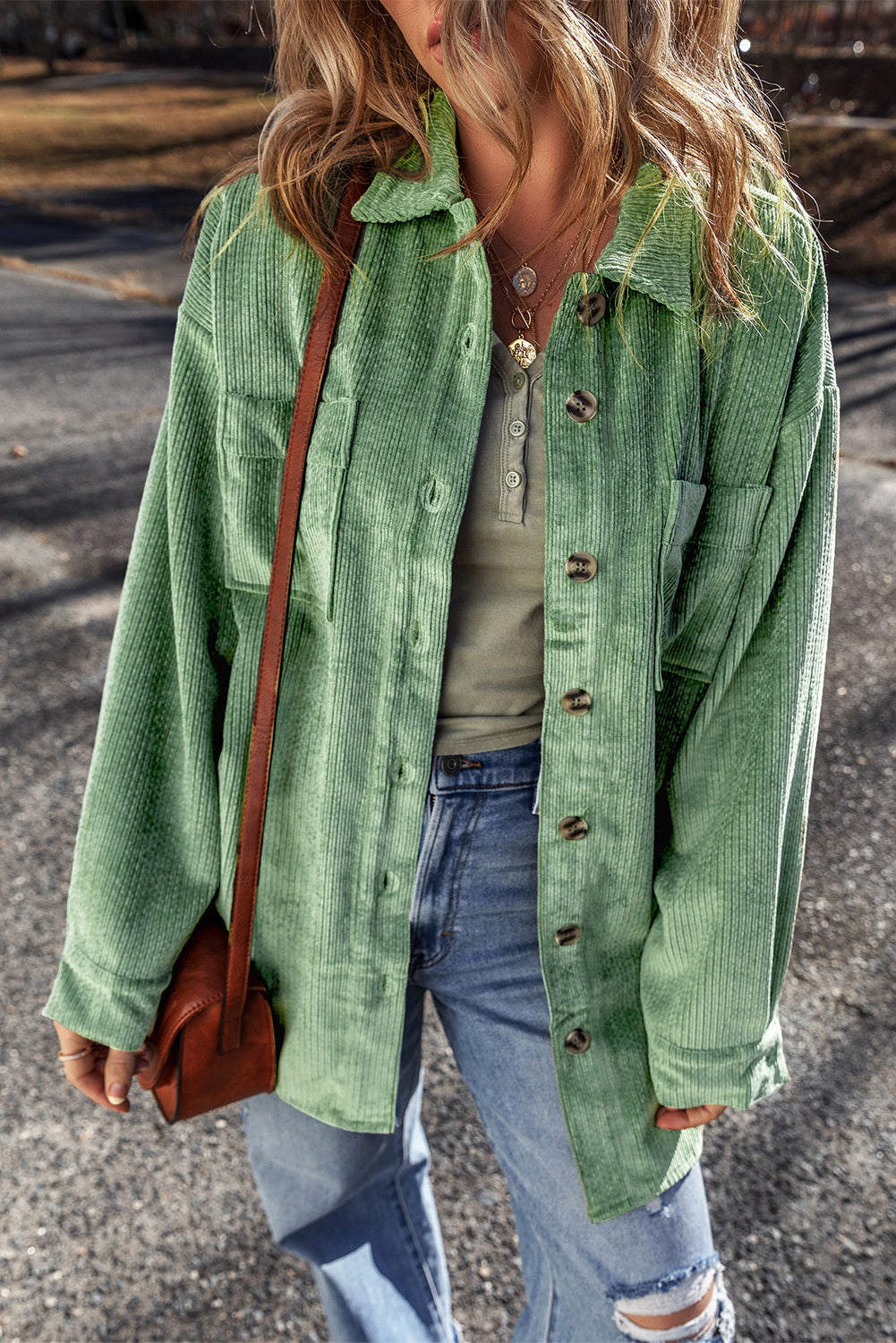 Mist Green Patched Pocket Button Up Corduroy Shacket Mist Green 75%Polyester+20%Viscose+5%Elastane Jackets JT's Designer Fashion
