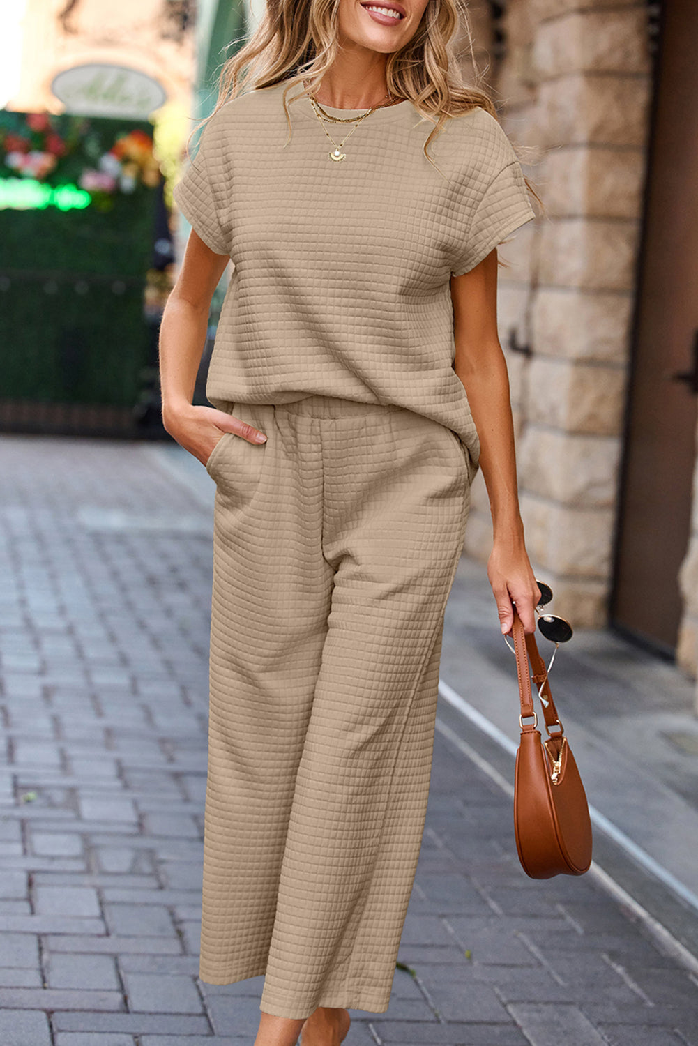 Parchment Solid Color Textured Short Sleeve Top and Casual Pants Set Pant Sets JT's Designer Fashion