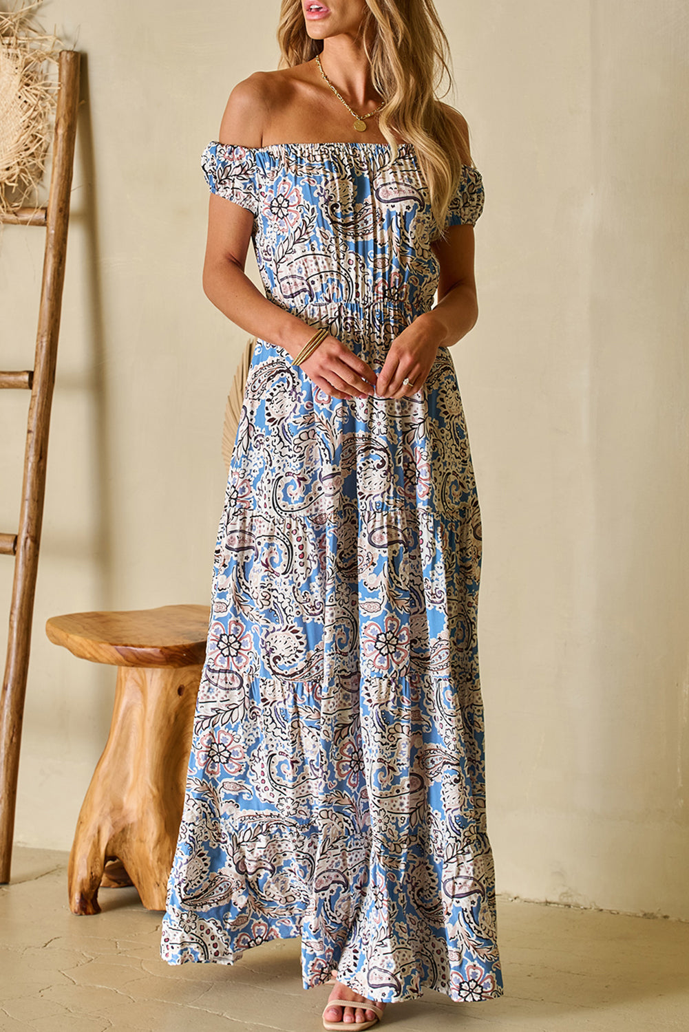 Blue Boho Paisley Print Off Shoulder Maxi Dress Floral Dresses JT's Designer Fashion
