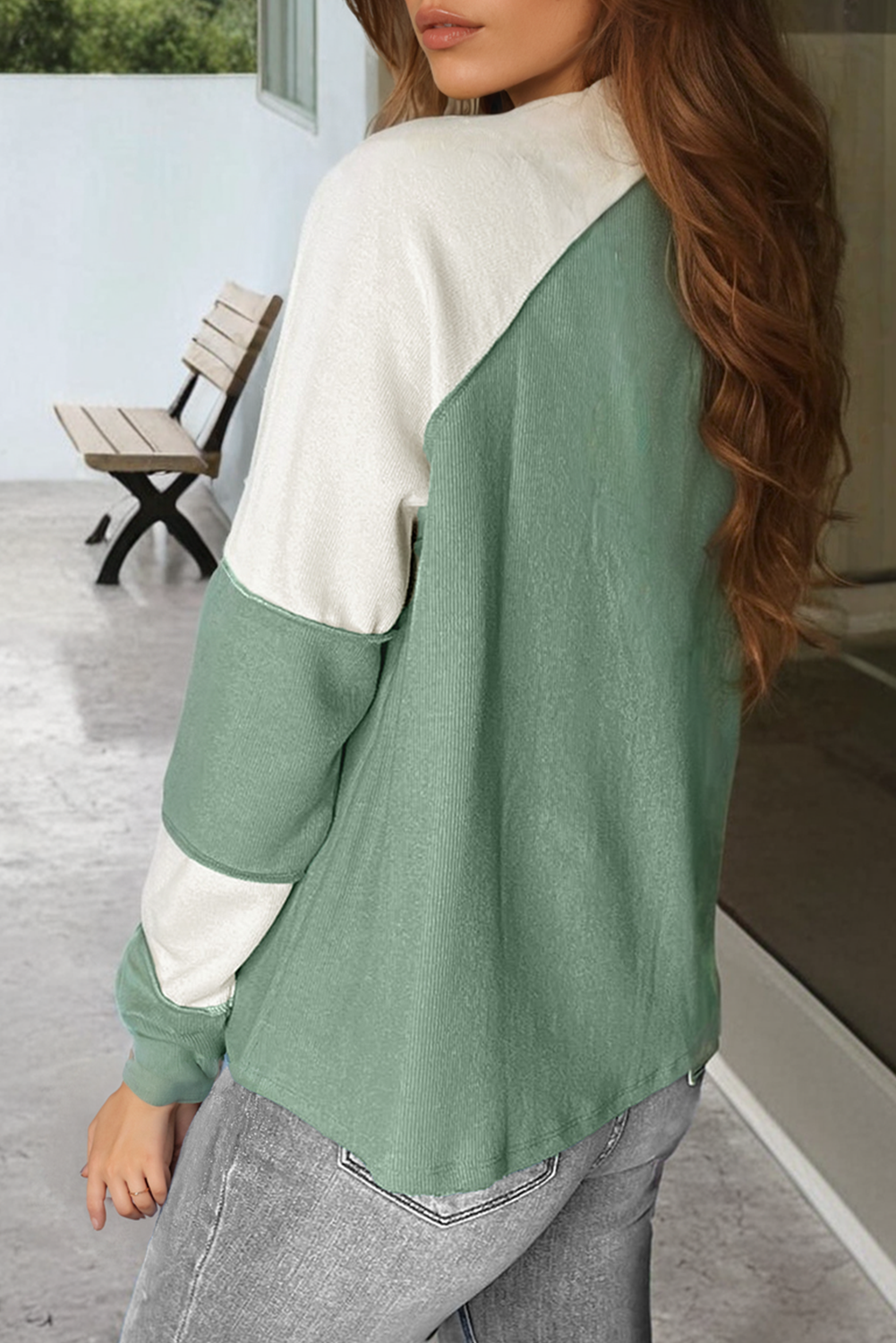 Mint Green Ribbed Colorblock Patchwork Raglan Long Sleeve Top Long Sleeve Tops JT's Designer Fashion