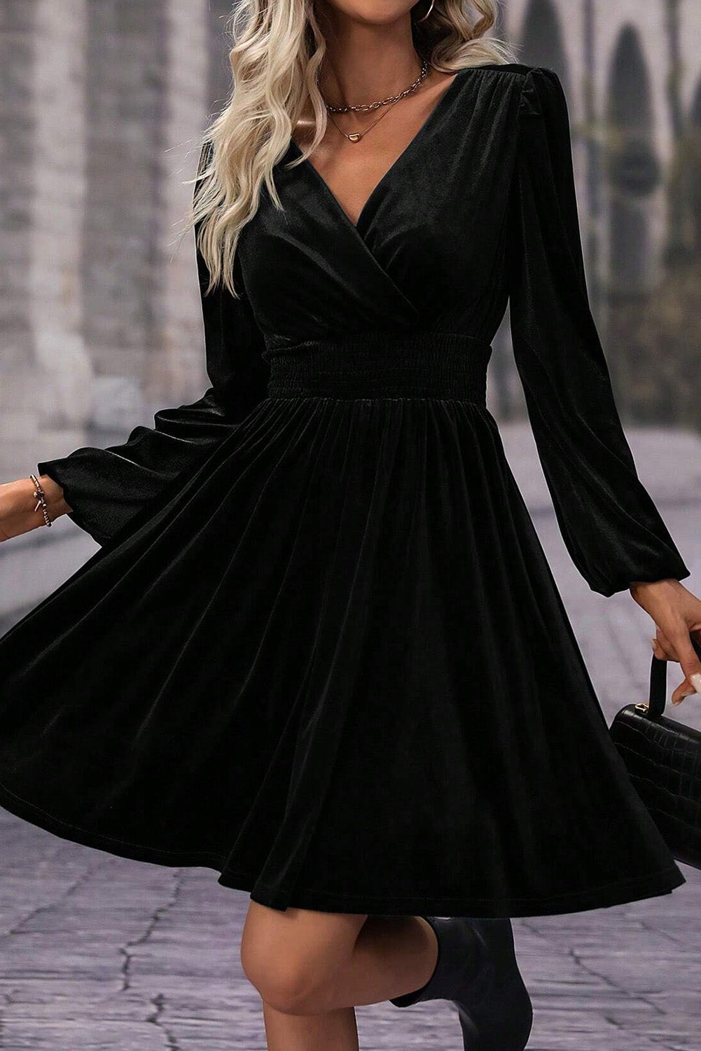 Black Velvet Long Sleeve Surplice High Waist Mini Dress Mini Dresses JT's Designer Fashion