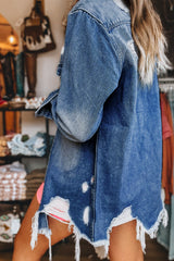 Sky Blue Light Wash Distressed Frayed Long Denim Jacket Denim Jackets JT's Designer Fashion