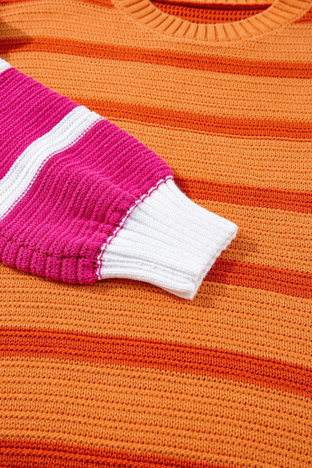 Orange Stripe Colorblock Crew Neck Drop Shoulder Loose Sweater Sweaters JT's Designer Fashion