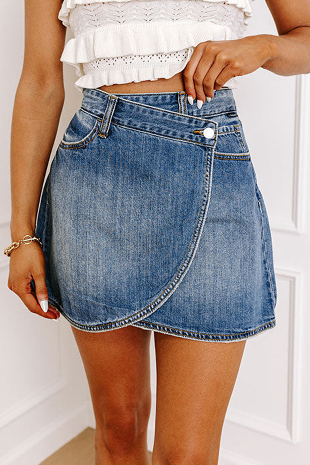 Ashleigh Blue Wrapped Crossed Waist Denim Mini Skirt Bottoms JT's Designer Fashion