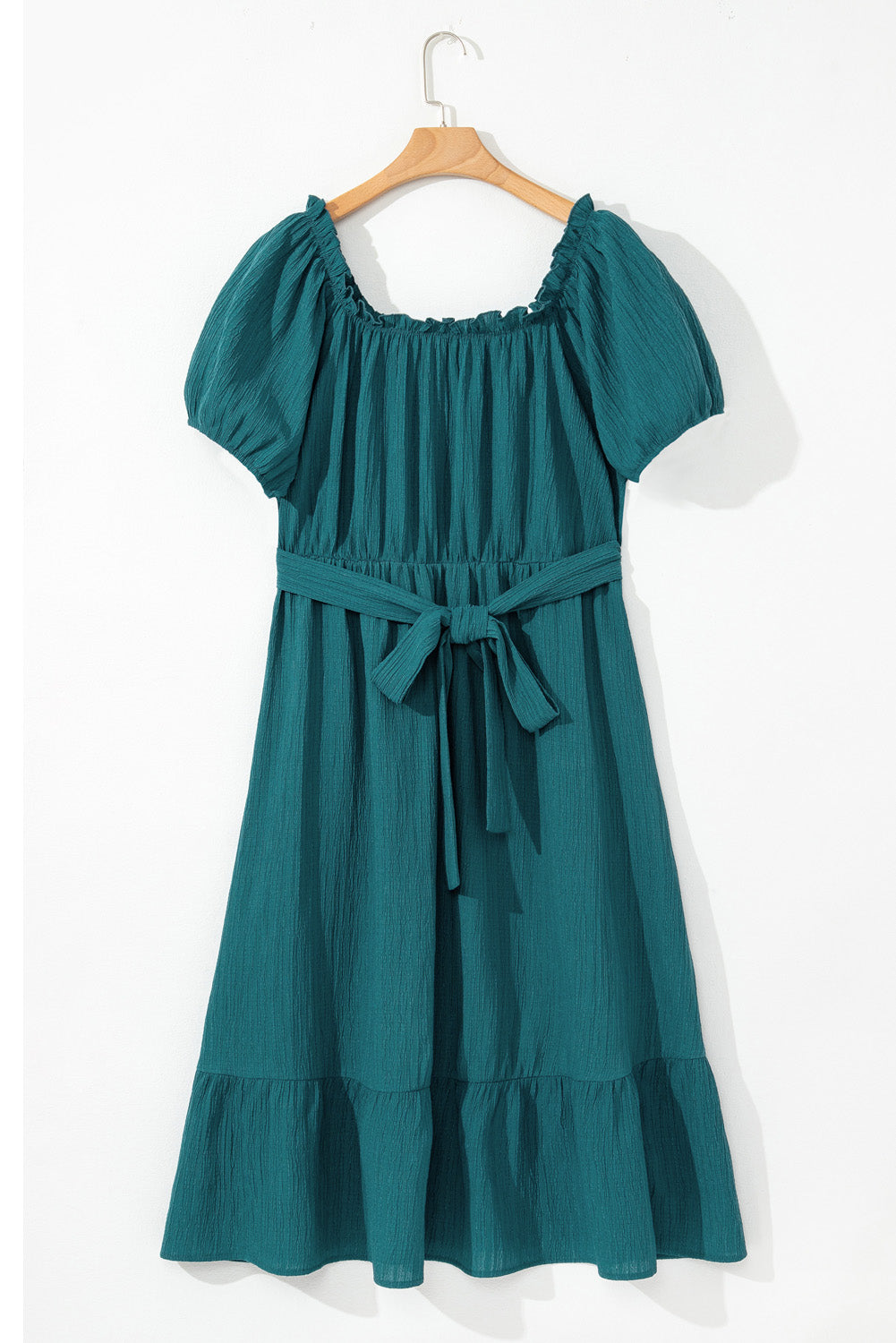 Skobeloff Frilled U Neck Puff Sleeve Belted Ruffle Hem Plus Size Midi Dress Plus Size Mini Dresses JT's Designer Fashion