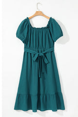 Skobeloff Frilled U Neck Puff Sleeve Belted Ruffle Hem Plus Size Midi Dress Plus Size Mini Dresses JT's Designer Fashion