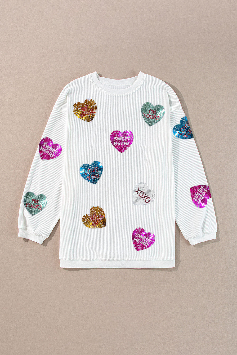 White Valentines Slogan Heart Sequin Corded Baggy Sweatshirt Graphic Sweatshirts JT's Designer Fashion