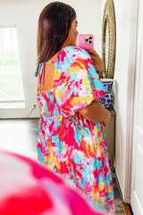 Rose Abstract Printed Puff Sleeve Square Neck Smocked Bust Tied Back Plus Size Dress Plus Size Maxi Dresses JT's Designer Fashion