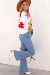 White Colorful Big Flower Pattern Crewneck Sweater Sweaters JT's Designer Fashion