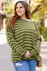 Green Stripe Drop Shoulder Casual Sweater Sweaters JT's Designer Fashion