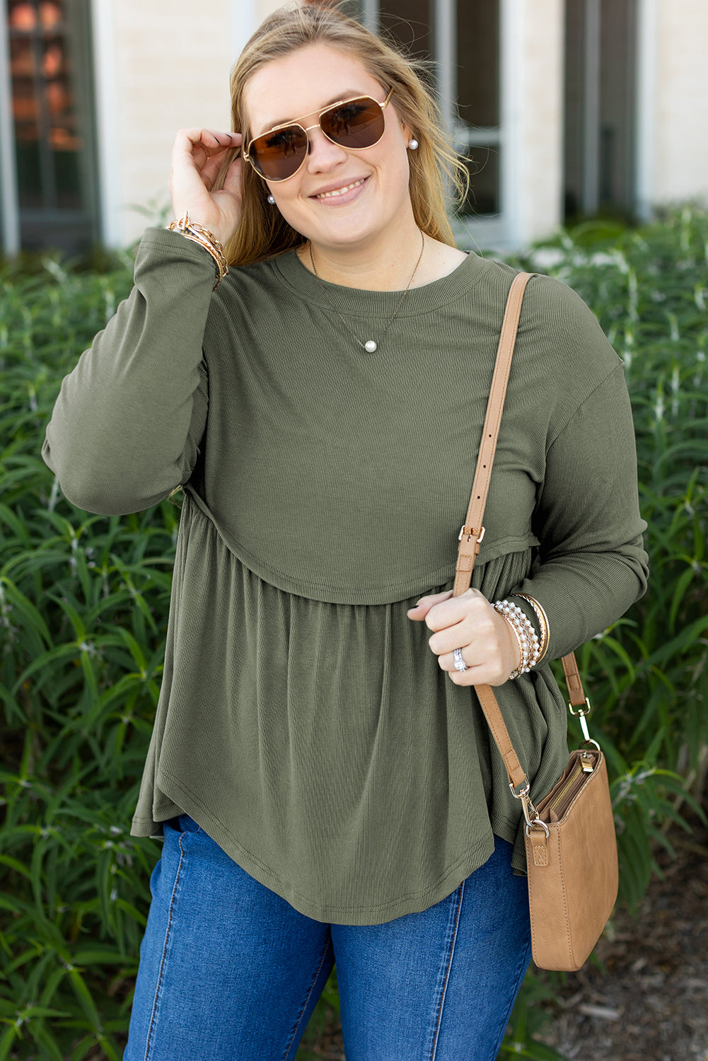 Mist Green Plus Size Thermal Knitted Babydoll Flare Top Mist Green 93%Viscose+7%Elastane Plus Size Long Sleeve Tops JT's Designer Fashion