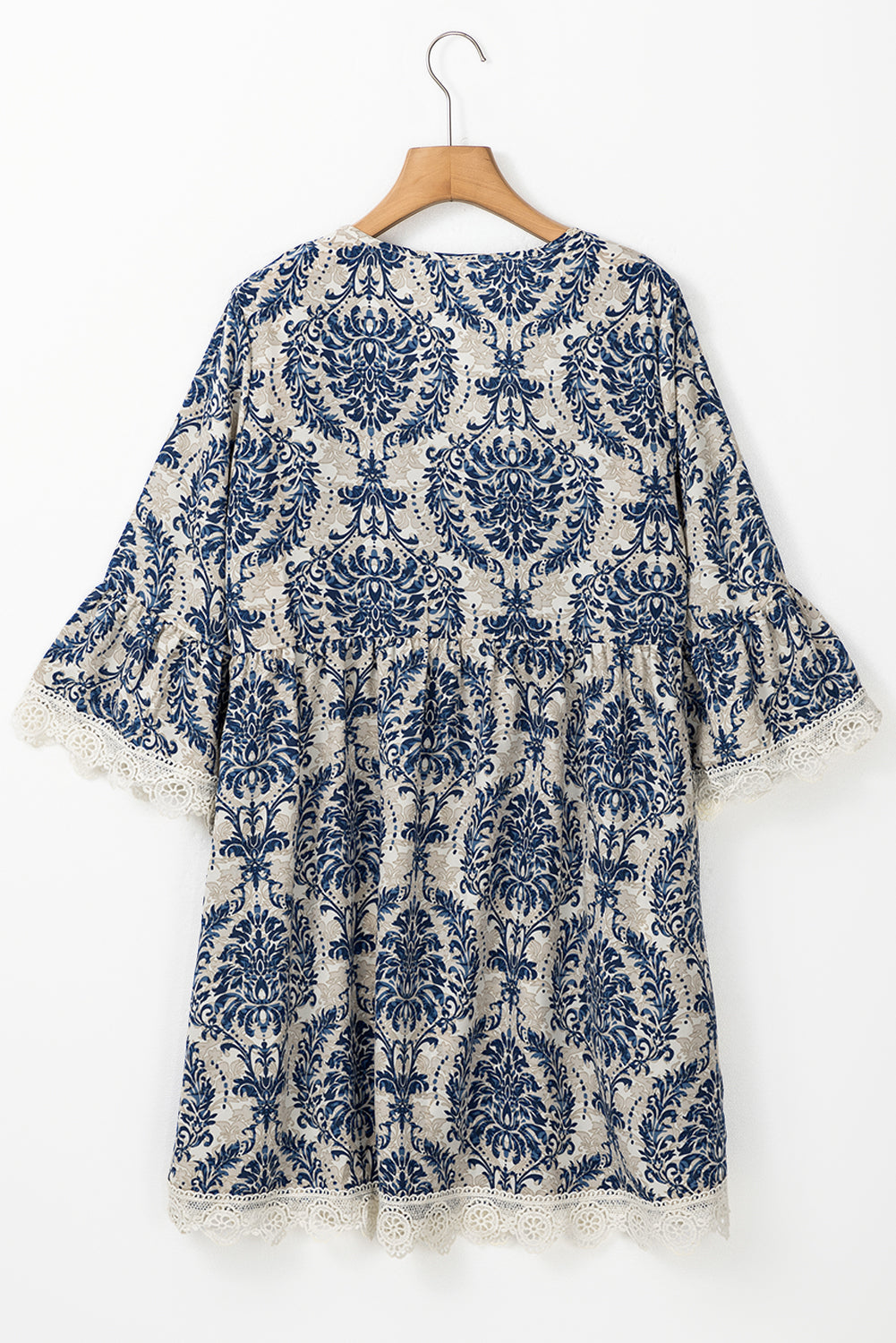 Sky Blue Vintage Printed Lace Trim V Neck 3/4 Sleeve Loose Dress Mini Dresses JT's Designer Fashion