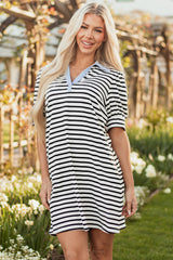 Black Stripe Contrast V Neck Collared Puff Sleeve T Shirt Mini Dress with Pockets T Shirt Dresses JT's Designer Fashion