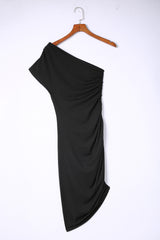 Black One-shoulder Short Sleeve Ruched Bodycon Dress Bodycon Dresses JT's Designer Fashion