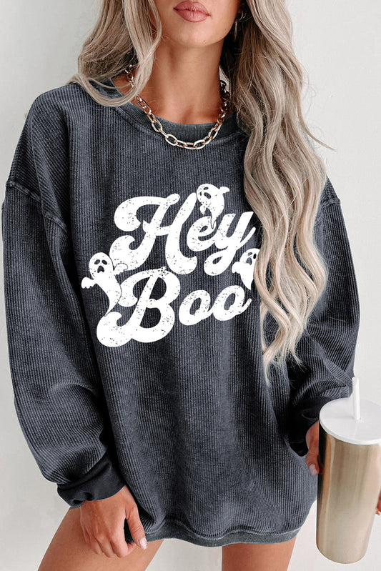 Gray Corded Hey Boo Ghost Graphic Drop Shoulder Halloween Sweatshirt Gray 100%Polyester Graphic Sweatshirts JT's Designer Fashion