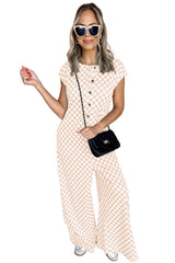 Apricot Checkered Print Buttoned Crew Neck Wide Leg Jumpsuit Jumpsuits & Rompers JT's Designer Fashion