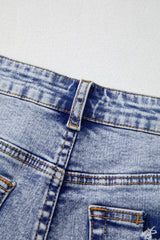 Beau Blue Pearl Studded Pockets Raw Hem Denim Shorts Denim Shorts JT's Designer Fashion