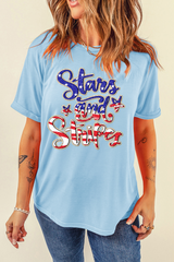 Light Blue Stars and Stripes Graphic July 4th Patriotic Tee Graphic Tees JT's Designer Fashion