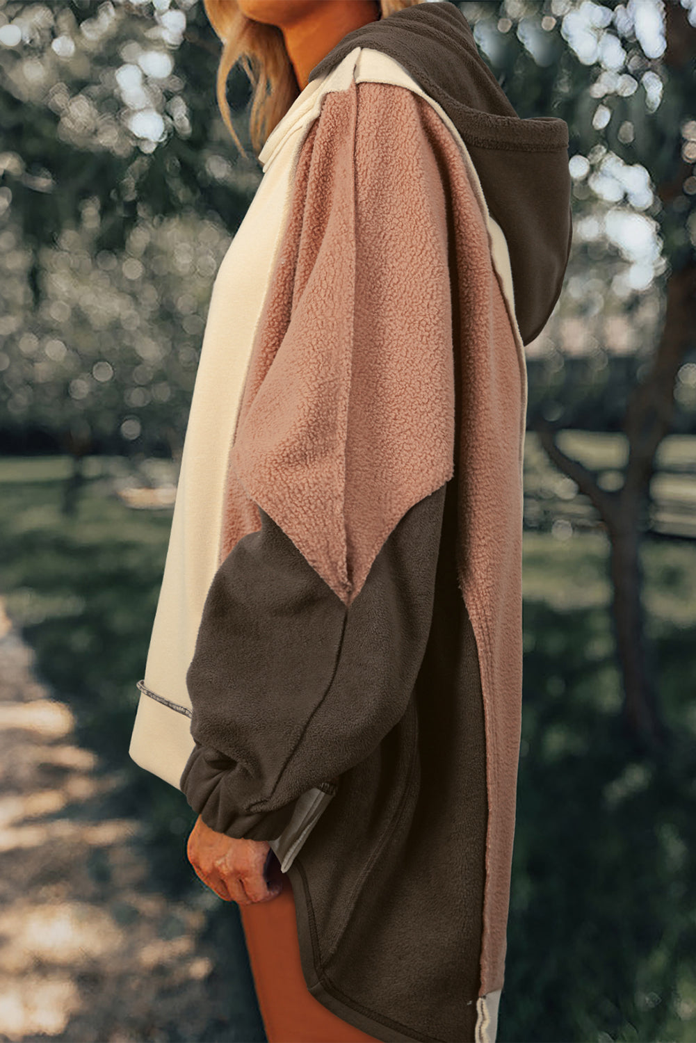 Beige Oversized Color Block Patchwork High Low Hoodie Sweatshirts & Hoodies JT's Designer Fashion