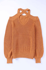 Brown Crew Neck Cold Shoulder Hollow-out Back Sweater Sweaters & Cardigans JT's Designer Fashion