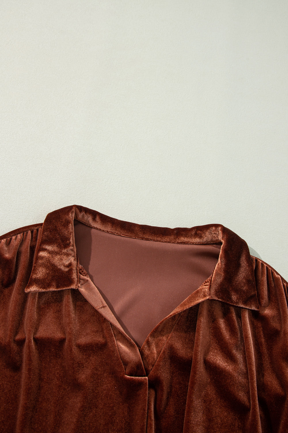 Coffee Plus Size V Neck Collared Pleated Back Rounded Hem Velvet Dress Plus Size Mini Dresses JT's Designer Fashion