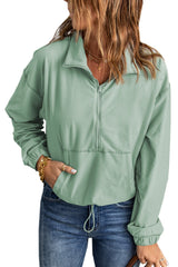 Green Zip Front Pocketed Pullover Sweatshirt Sweatshirts & Hoodies JT's Designer Fashion