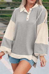 Khaki Textured Colorblock Collared Henley Top Long Sleeve Tops JT's Designer Fashion