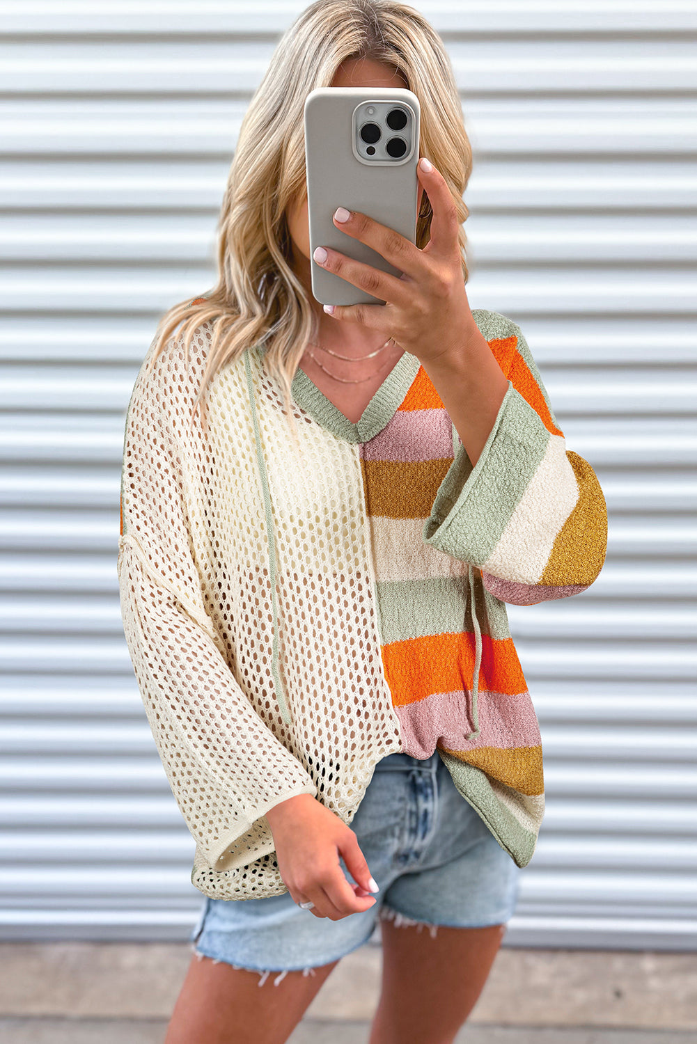 DEAR-LOVER Beige Oversized Colorblock V Neck Hooded Sweater Sweaters JT's Designer Fashion