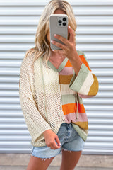 DEAR-LOVER Beige Oversized Colorblock V Neck Hooded Sweater Sweaters JT's Designer Fashion