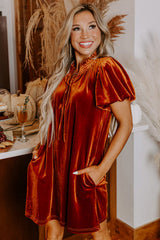 Cinnamon Velvet Smocked Neckline Puff Sleeve Shift Mini Dress Mini Dresses JT's Designer Fashion