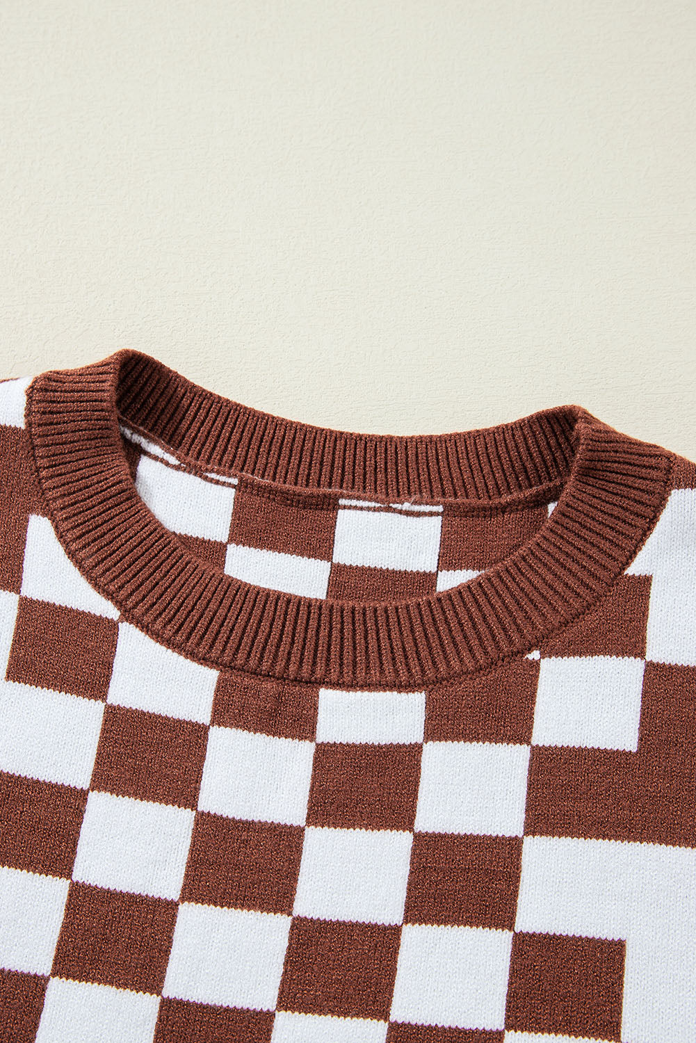 Brown Checkered Print Drop Shoulder Round Neck Sweater Sweaters JT's Designer Fashion