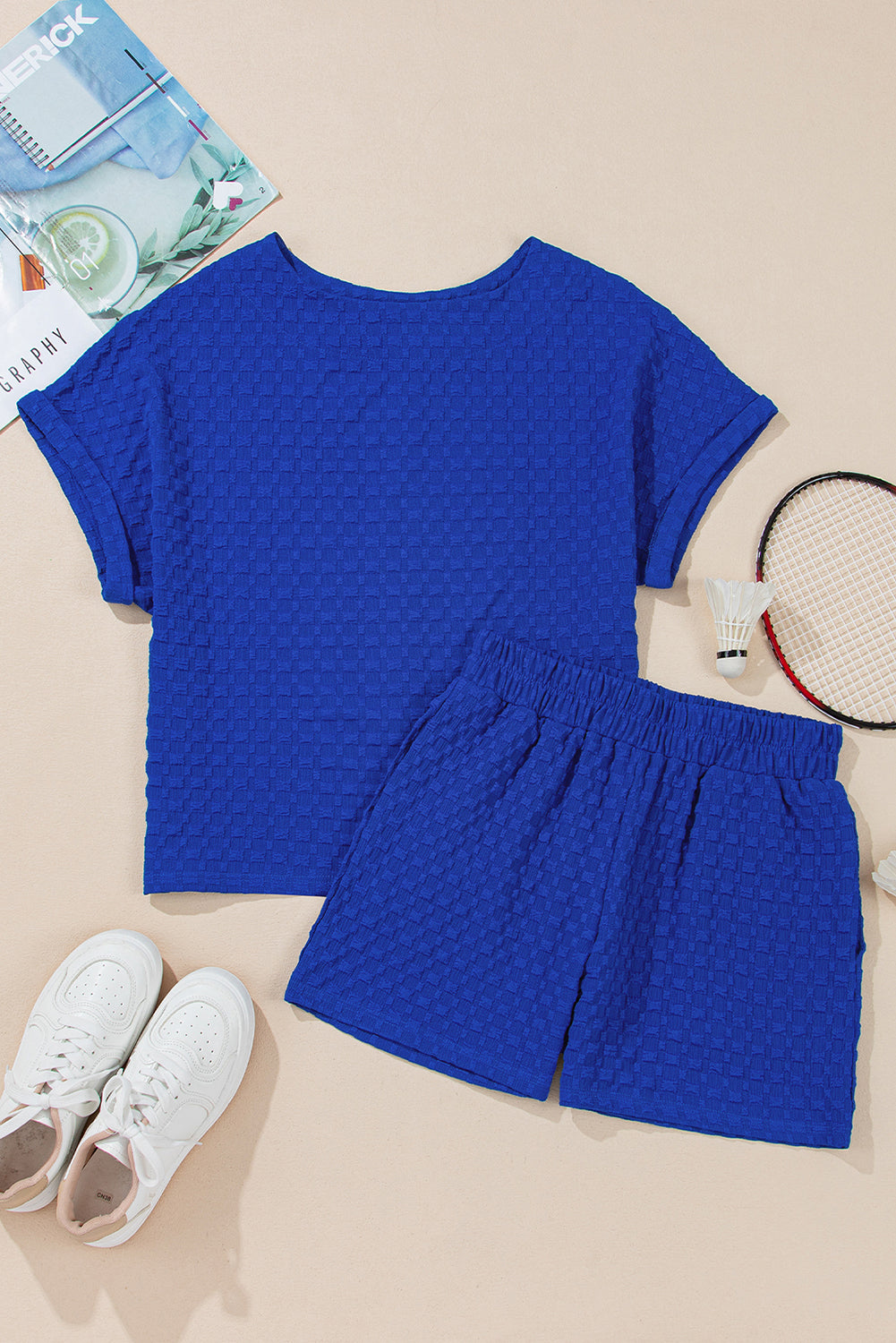 Sky Blue Jacquard Textured Buttoned Tee and Shorts Set Short Sets JT's Designer Fashion