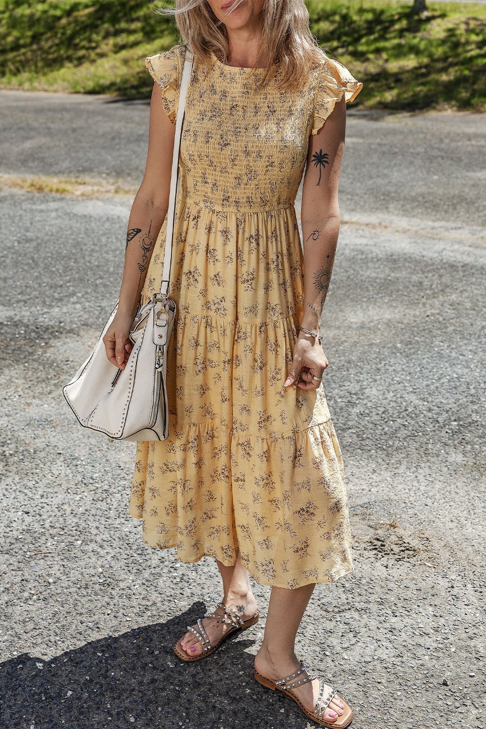 Yellow Boho Floral Print Ruffle Smocked Flowy Summer Dress Floral Dresses JT's Designer Fashion