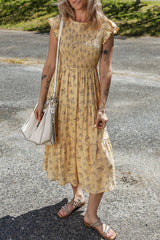 Yellow Boho Floral Print Ruffle Smocked Flowy Summer Dress Floral Dresses JT's Designer Fashion