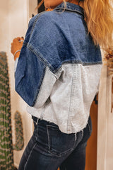 Dusk Blue Color Block Patchwork Flap Detail Distress Denim Jacket Denim Jackets JT's Designer Fashion