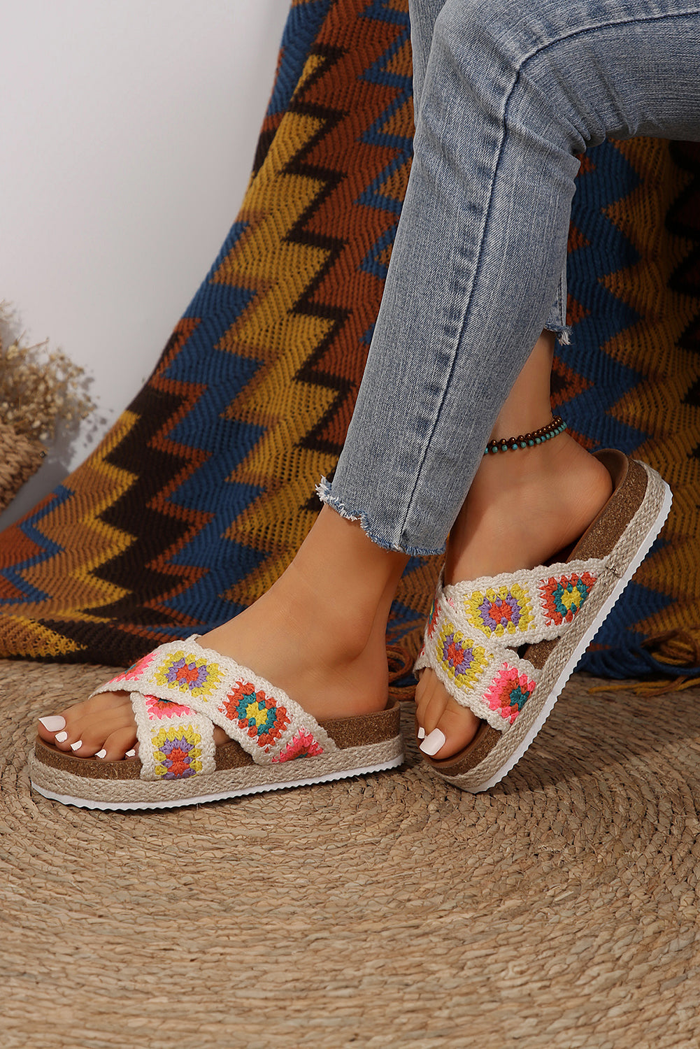 White Geometric Woven Crisscross Strap Platform Slippers Slippers JT's Designer Fashion