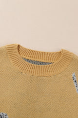 Camel Fuzzy Cheetah Accent Round Neck Sweater Sweaters & Cardigans JT's Designer Fashion