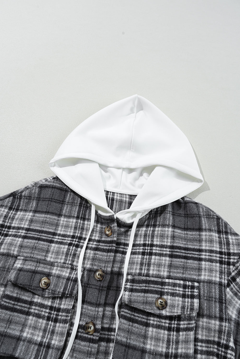 Black Plaid Print Flap Pockets Contrast Hooded Loose Shacket Plaid Shackets JT's Designer Fashion
