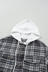 Black Plaid Print Flap Pockets Contrast Hooded Loose Shacket Plaid Shackets JT's Designer Fashion